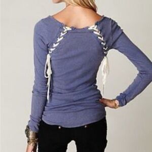 Free People We The Free Indigo Blue Lace-Up Back Long Sleeve Top S
